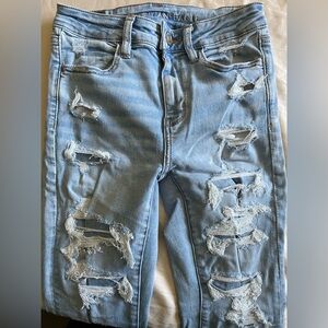 American Eagle Hi-Rise Jegging Light Wash Distressed Patched Ripped Jeans 6 NWOT